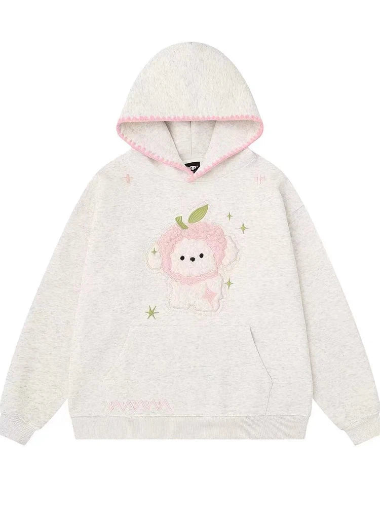 Kawaii Women's Light Gray Embroidered Sheep Hooded Pullover Sweatshirt