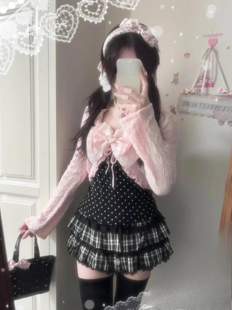 Women's Kawaii 3-Piece Skirt Set with Lace Bow