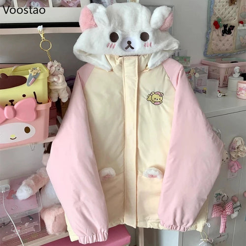 Kawaii Bear-Ear Hooded Padded Jacket with Embroidery