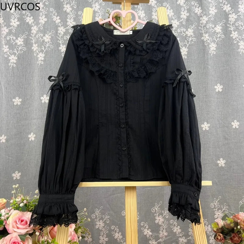 Kawaii Women's Victorian Lace Bow Blouse with Peter Pan Collar