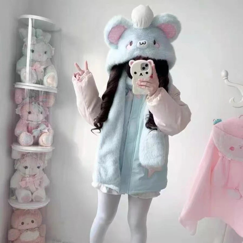 Women's Kawaii Star-Embroidered Hooded Padded Jacket