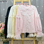 Kawaii Women's Victorian Lace Bow Blouse with Peter Pan Collar