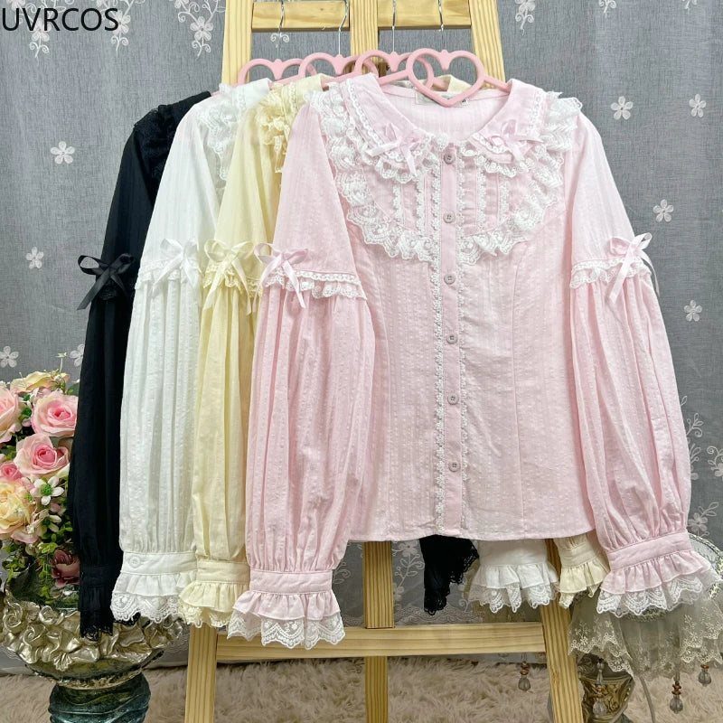 Kawaii Women's Victorian Lace Bow Blouse with Peter Pan Collar