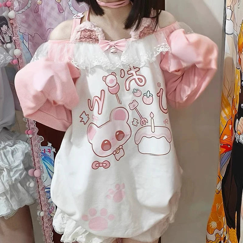 Pink Kawaii Graphic Long-Sleeve Top with Lace Trim