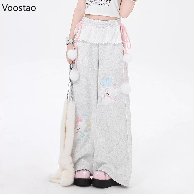 Women's Kawaii Cartoon Embroidered Wide-Leg Pants