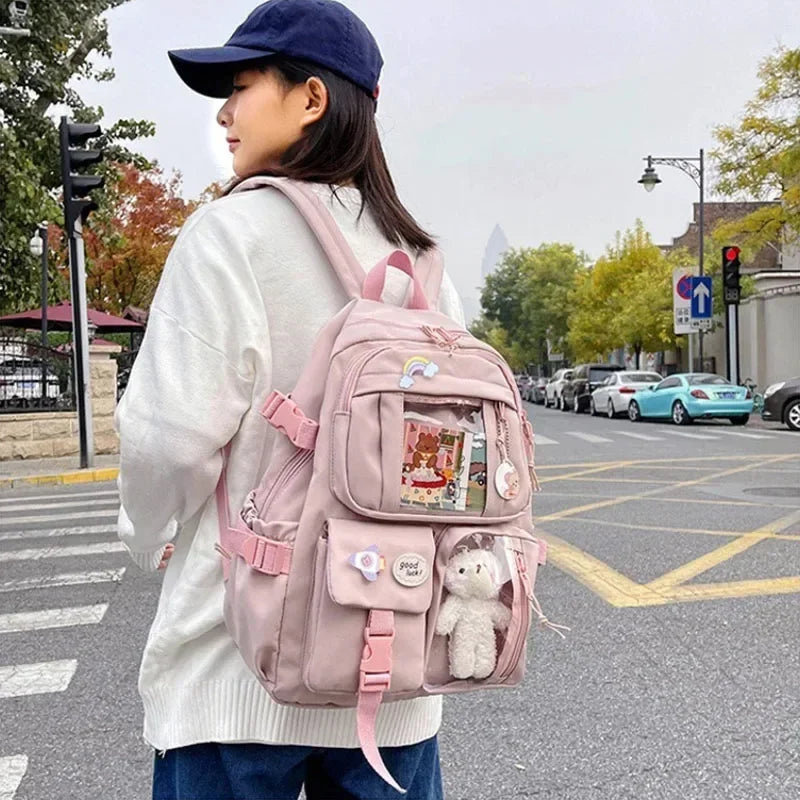 Kawaii Multi-Pocket Nylon Backpack with Clear Display Pockets