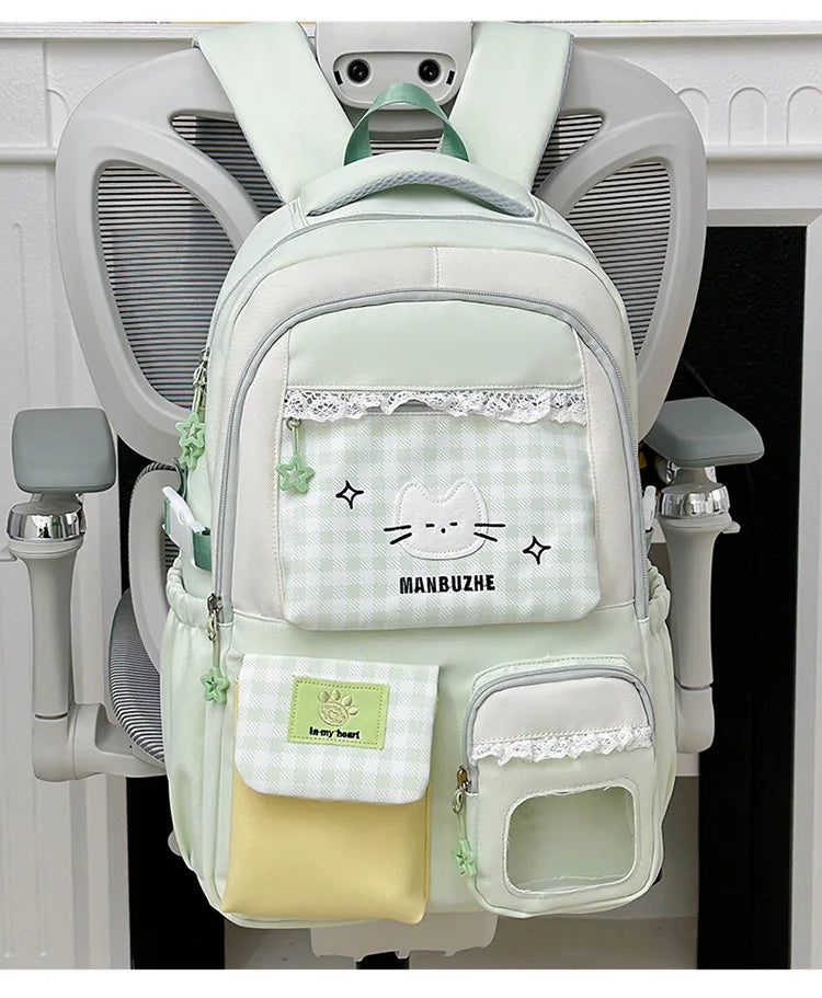 Kawaii Gingham Cat Backpack with Multiple Pockets