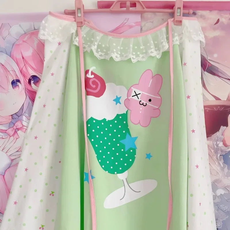 Kawaii Green Cartoon Graphic Long-Sleeve Top