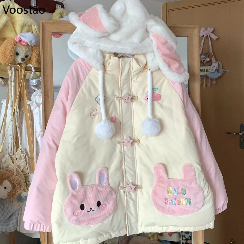 Kawaii Bear-Ear Hooded Padded Jacket with Embroidery
