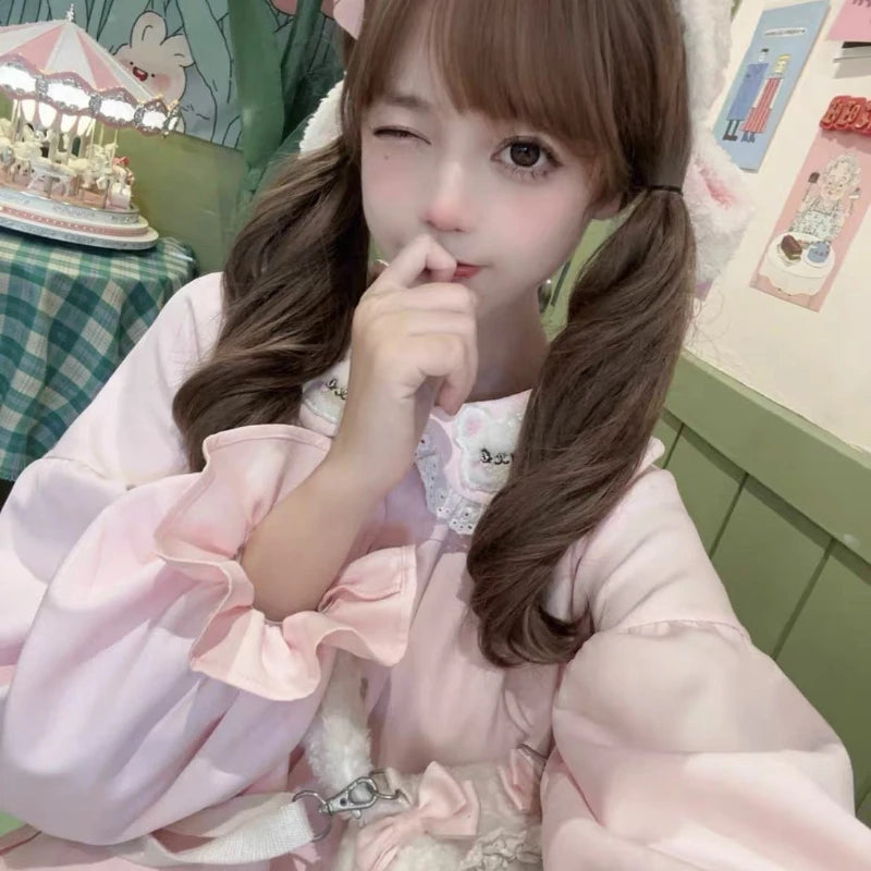 Kawaii Pink Embroidered Peter Pan Collar Blouse with Lace Trim