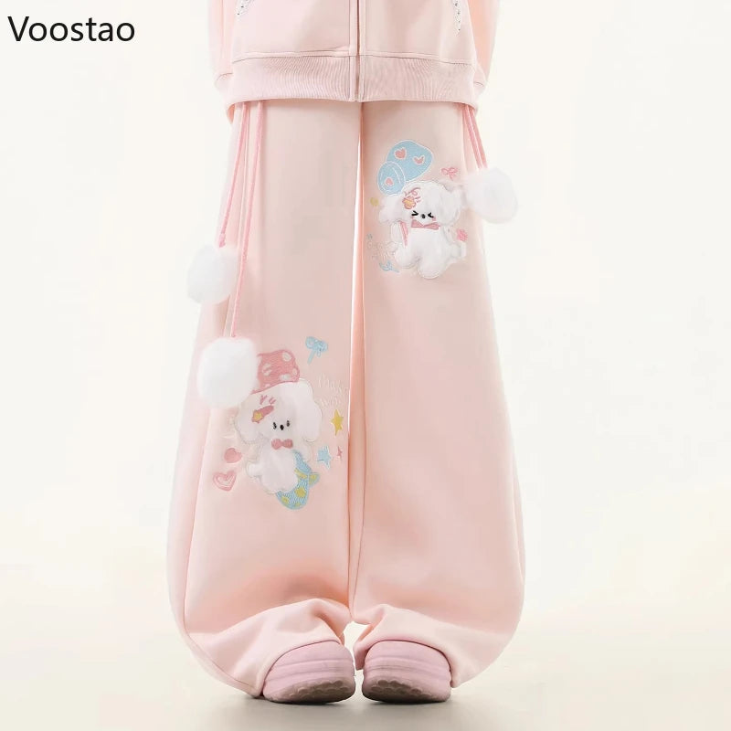 Women's Kawaii Cartoon Embroidered Wide-Leg Pants
