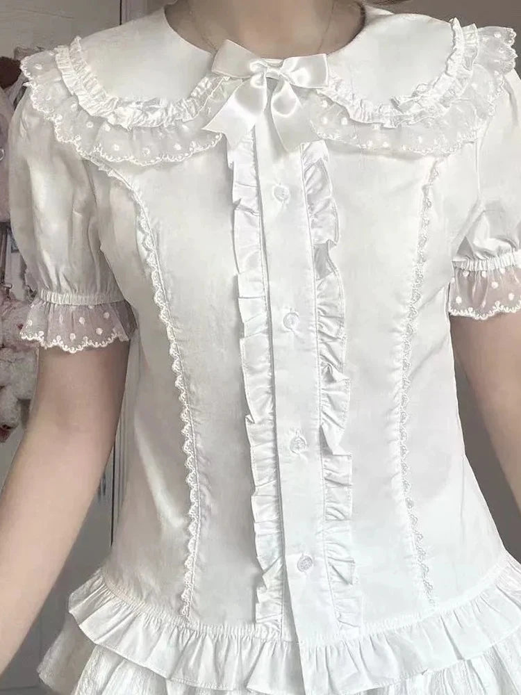 Kawaii Women's Bow-Front Peter Pan Collar Blouse