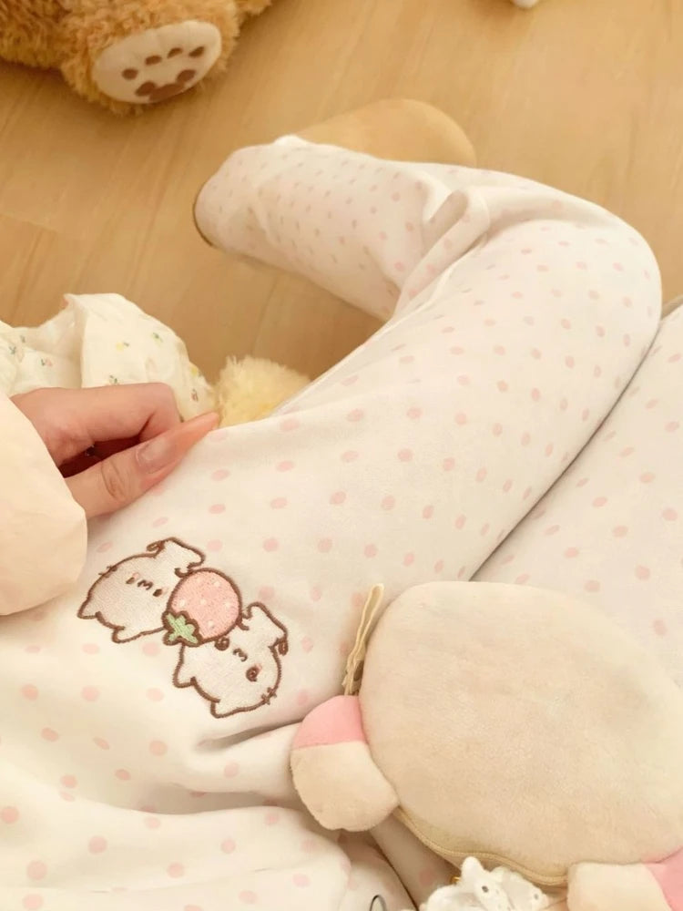 Kawaii Polka Dot Flared Pants with Embroidery