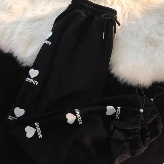 Kawaii Heart Embroidered Wide-Leg Pants