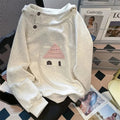 Kawaii Women's Hooded Cottage Print Pullover Sweatshirt - White Gray