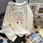 Kawaii Women's Hooded Cottage Print Pullover Sweatshirt - White Gray