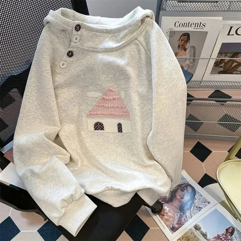 Kawaii Women's Hooded Cottage Print Pullover Sweatshirt - White Gray