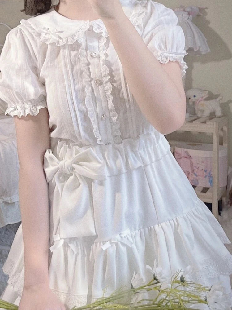 Milk White Kawaii Lolita Pleated Ruffle Skirt with Bow