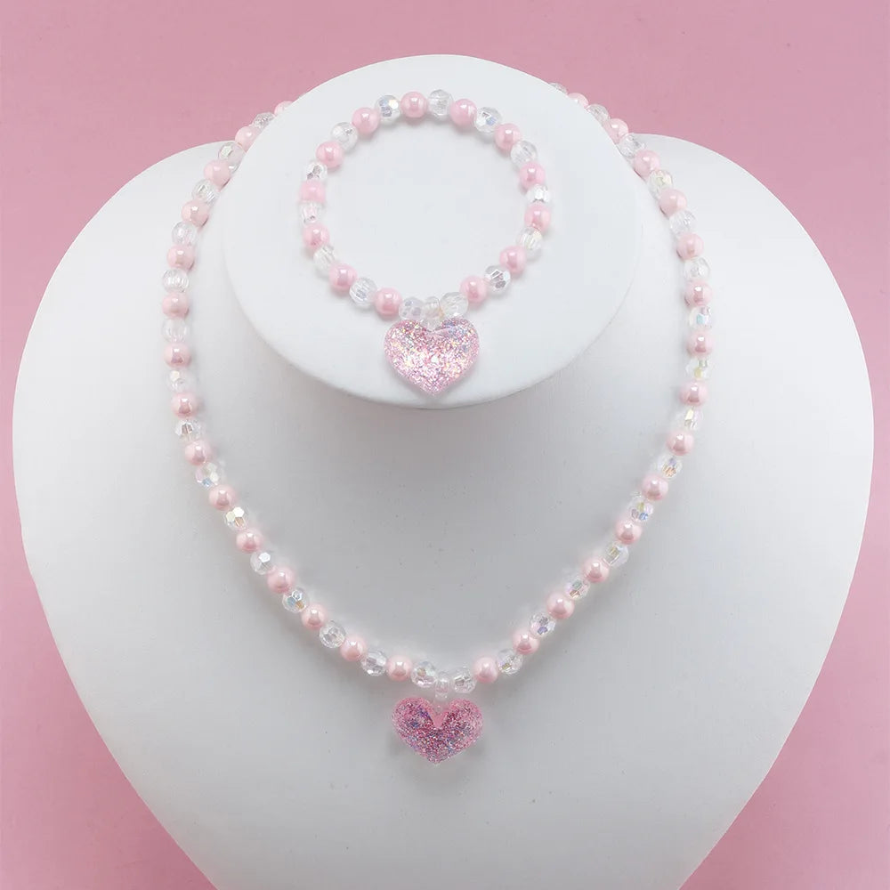 Kawaii Pink Heart Beaded Necklace and Bracelet Set
