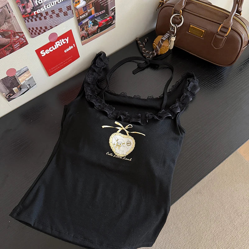 Kawaii Cartoon Lace Trim Camisole Top