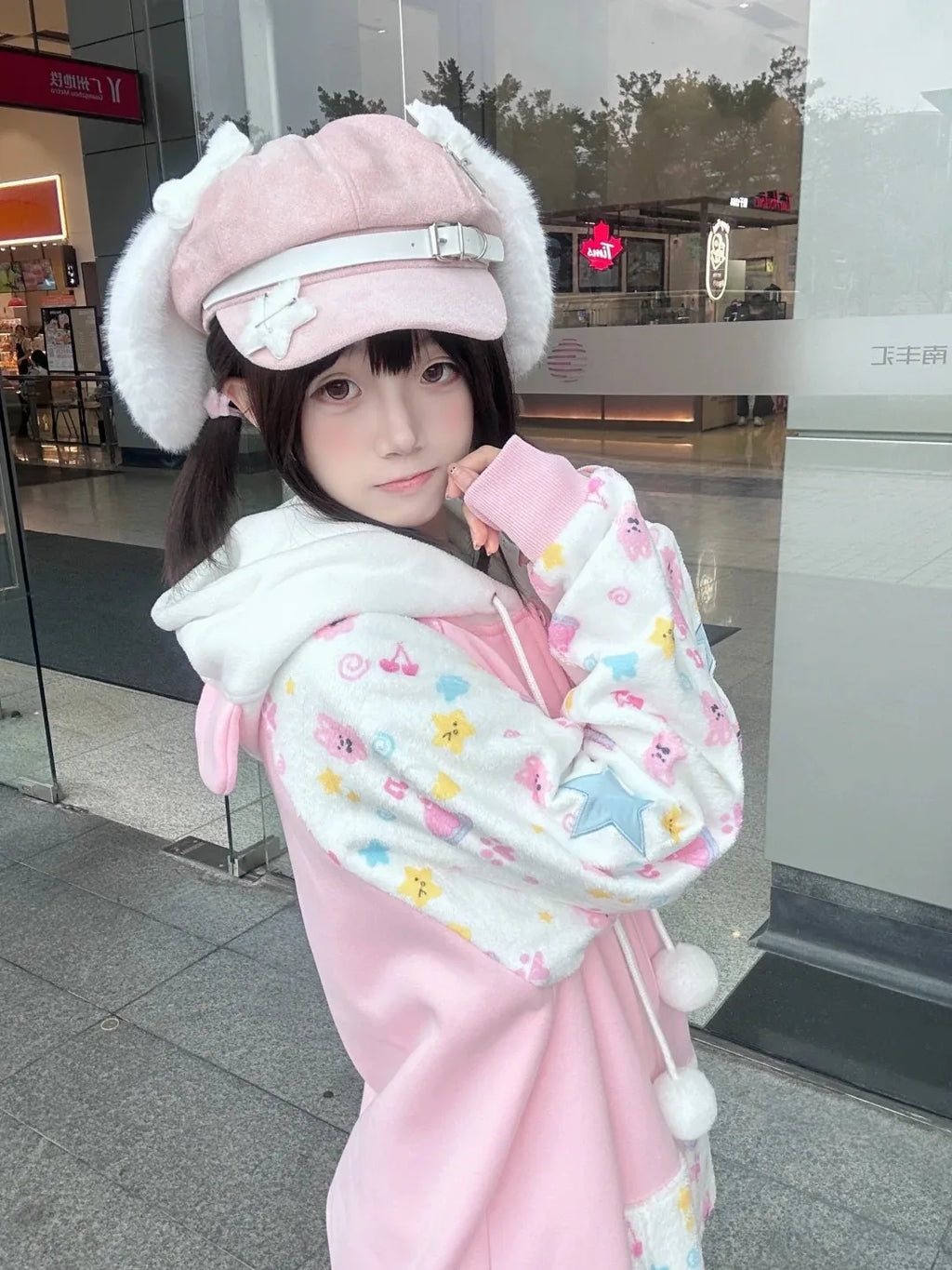 Pink Kawaii Cartoon Print Zip-Up Hoodie