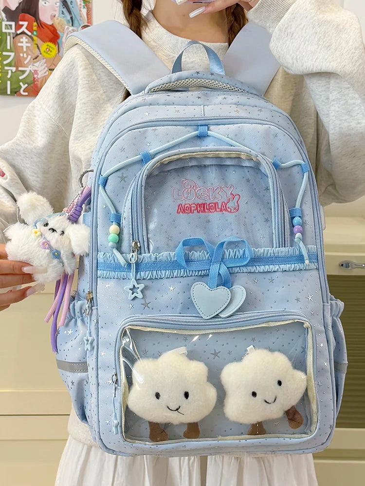 Kawaii Star-Print Multi-Pocket Backpack with Bow and Reflective Details
