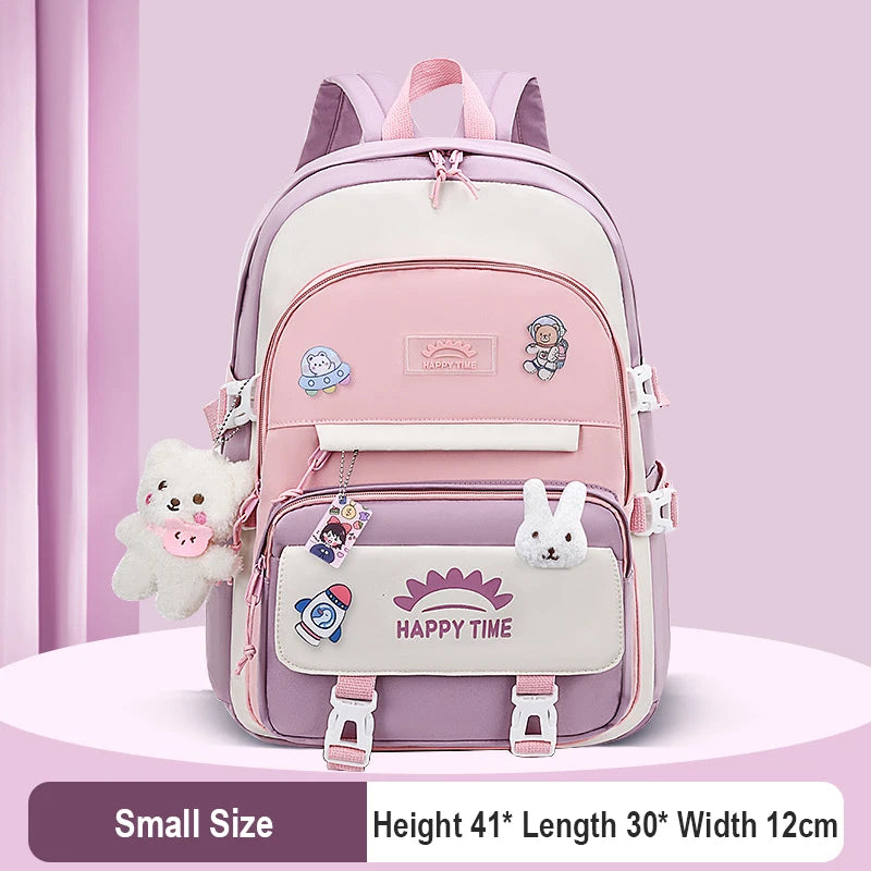 Kawaii Multi-Pocket Nylon Backpack with Bear & Bunny Charms