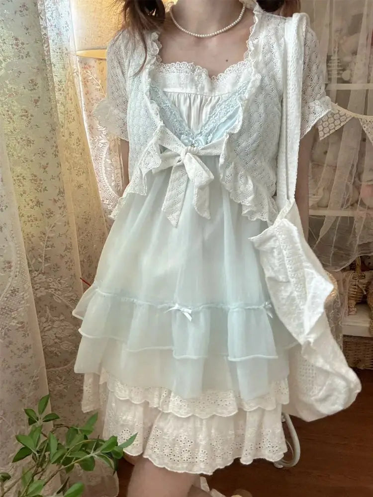 Kawaii Women's Lace Bow Detail 3-Piece Mini Dress Set