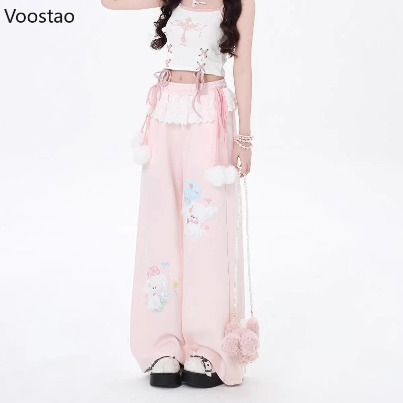 Women's Kawaii Cartoon Embroidered Wide-Leg Pants