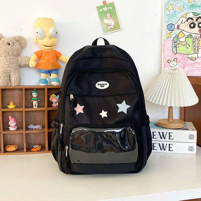 Kawaii Star Appliqué Backpack with Clear Front Pocket