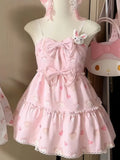 Kawaii Strawberry Print Bow Mini Dress