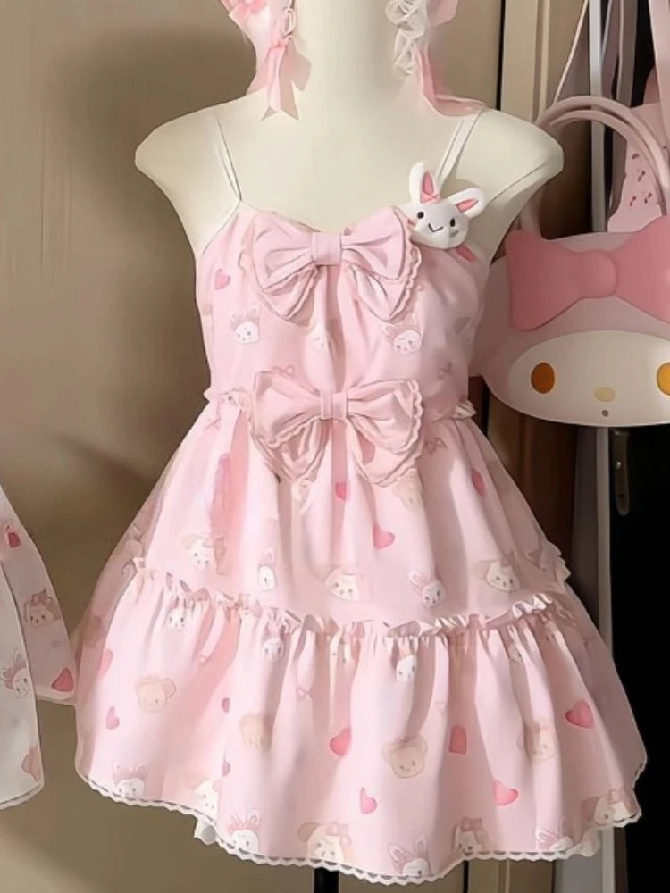 Kawaii Strawberry Print Bow Mini Dress