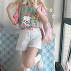Kawaii Mint Green and Pink Raglan Cartoon Graphic T-Shirt