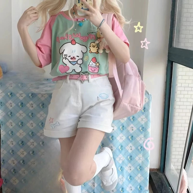 Kawaii Mint Green and Pink Raglan Cartoon Graphic T-Shirt