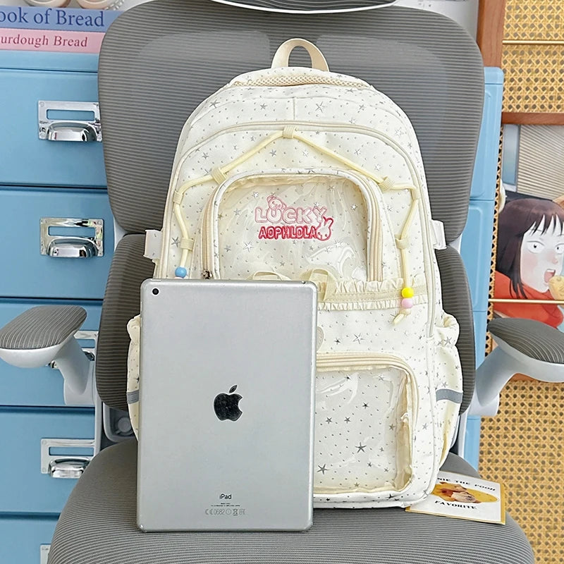 Kawaii Star-Print Multi-Pocket Backpack with Bow and Reflective Details