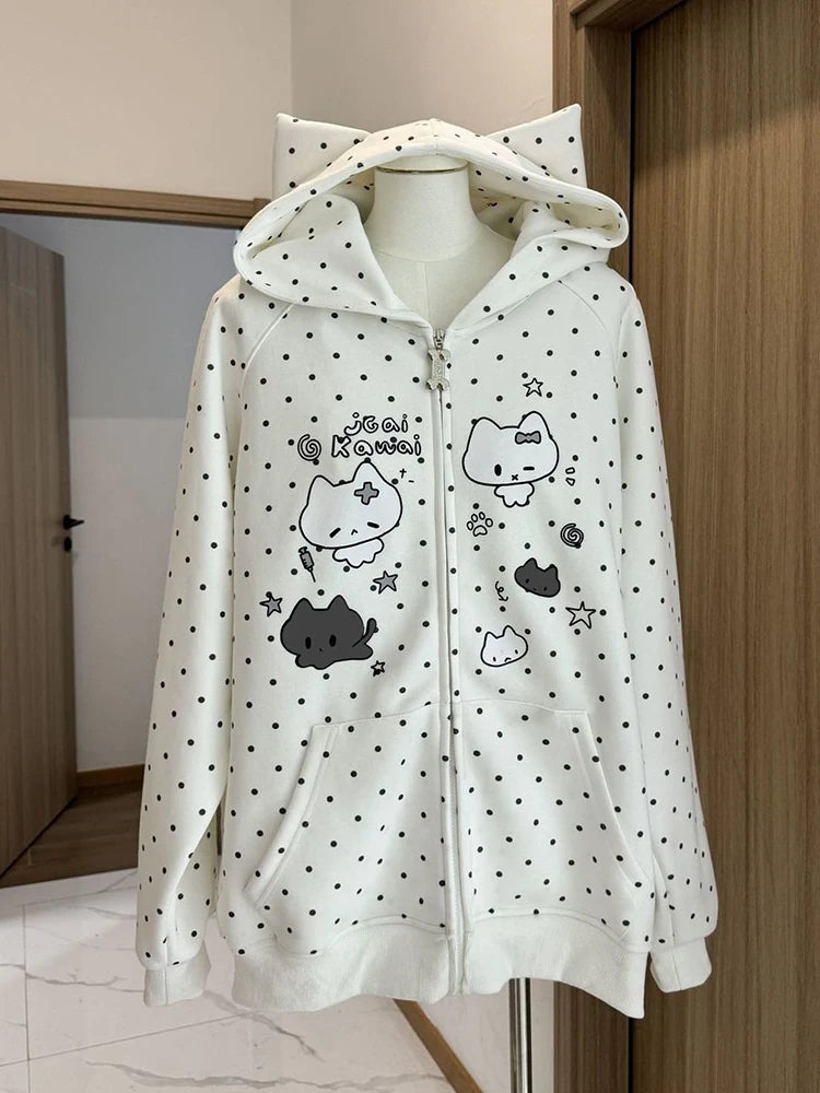 White Kawaii Cat Cartoon Polka Dot Zip-Up Hoodie