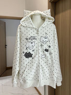 White Kawaii Cat Cartoon Polka Dot Zip-Up Hoodie