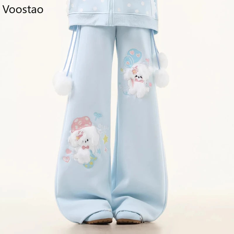 Women's Kawaii Cartoon Embroidered Wide-Leg Pants