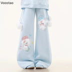Women's Kawaii Cartoon Embroidered Wide-Leg Pants