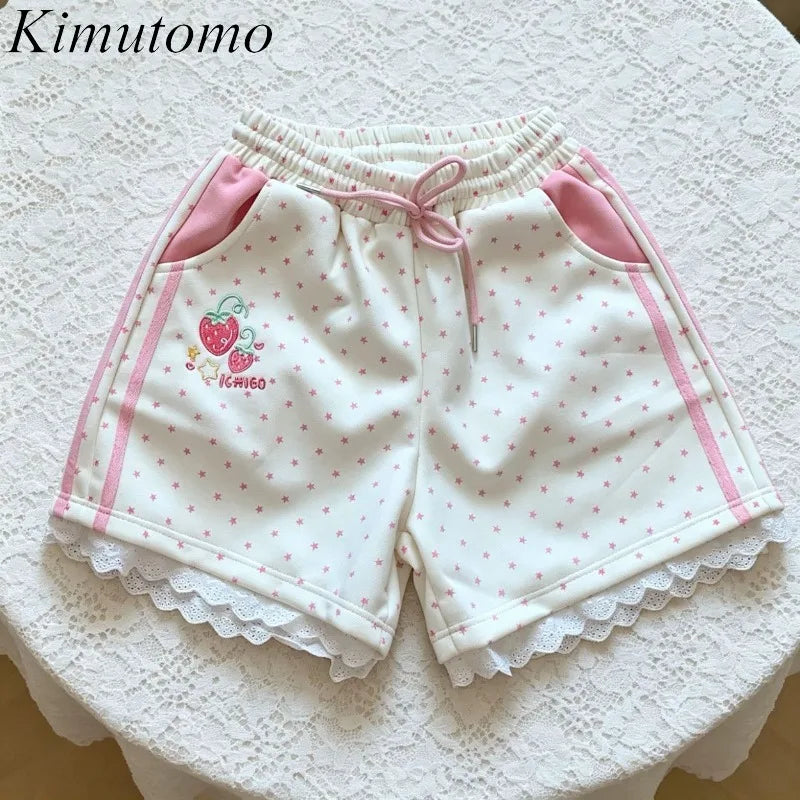 Kawaii Women's Strawberry Embroidered Star-Print Shorts with Lace Trim