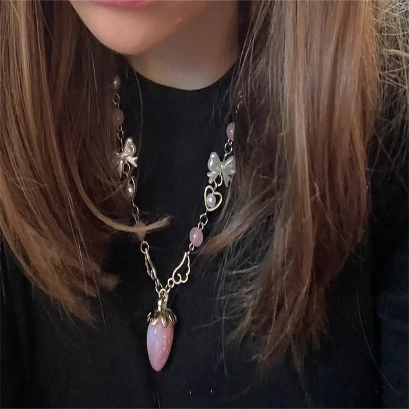 Kawaii Pink Strawberry Pendant Necklace with Bow and Heart Details