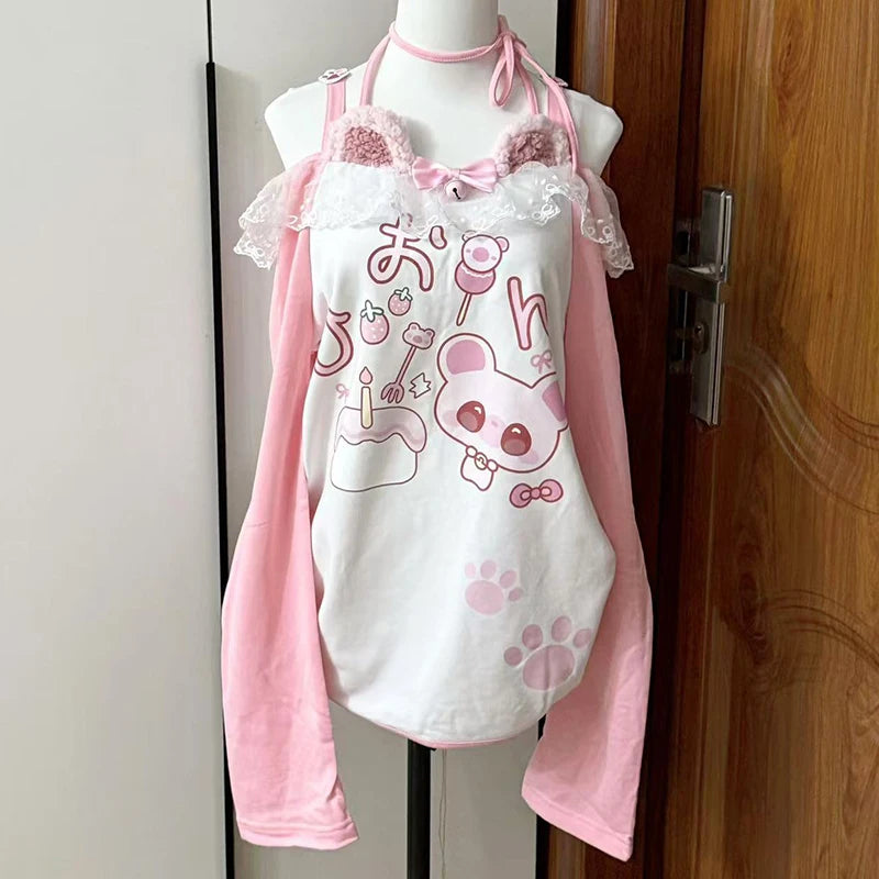 Pink Kawaii Graphic Long-Sleeve Top with Lace Trim