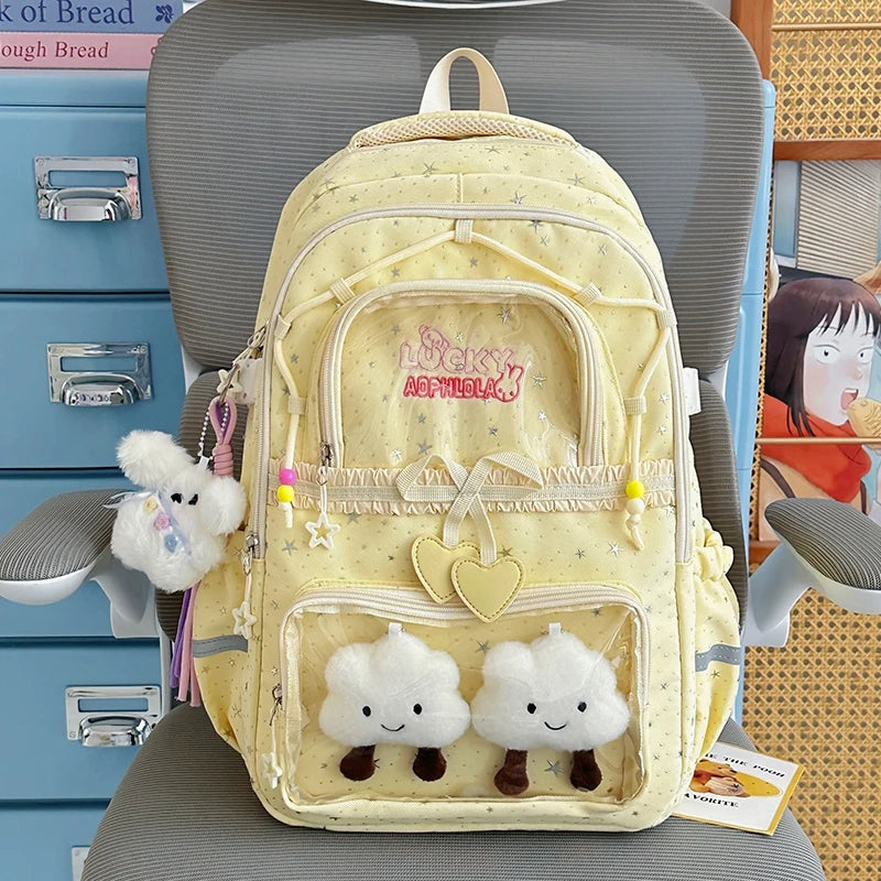 Kawaii Star-Print Multi-Pocket Backpack with Bow and Reflective Details
