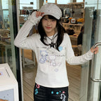 Kawaii Women's White Cat-Print Polka-Dot Knit Long-Sleeve T-Shirt