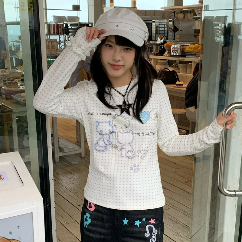Kawaii Women's White Cat-Print Polka-Dot Knit Long-Sleeve T-Shirt