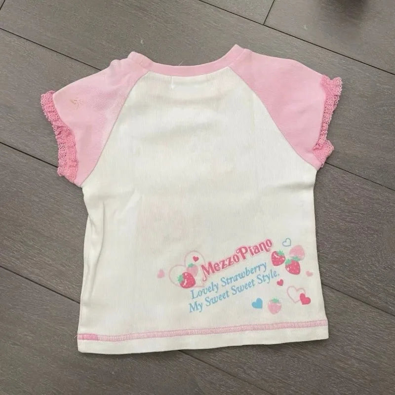 Pink and White Strawberry Graphic T-Shirt with Lace-Trim Sleeves