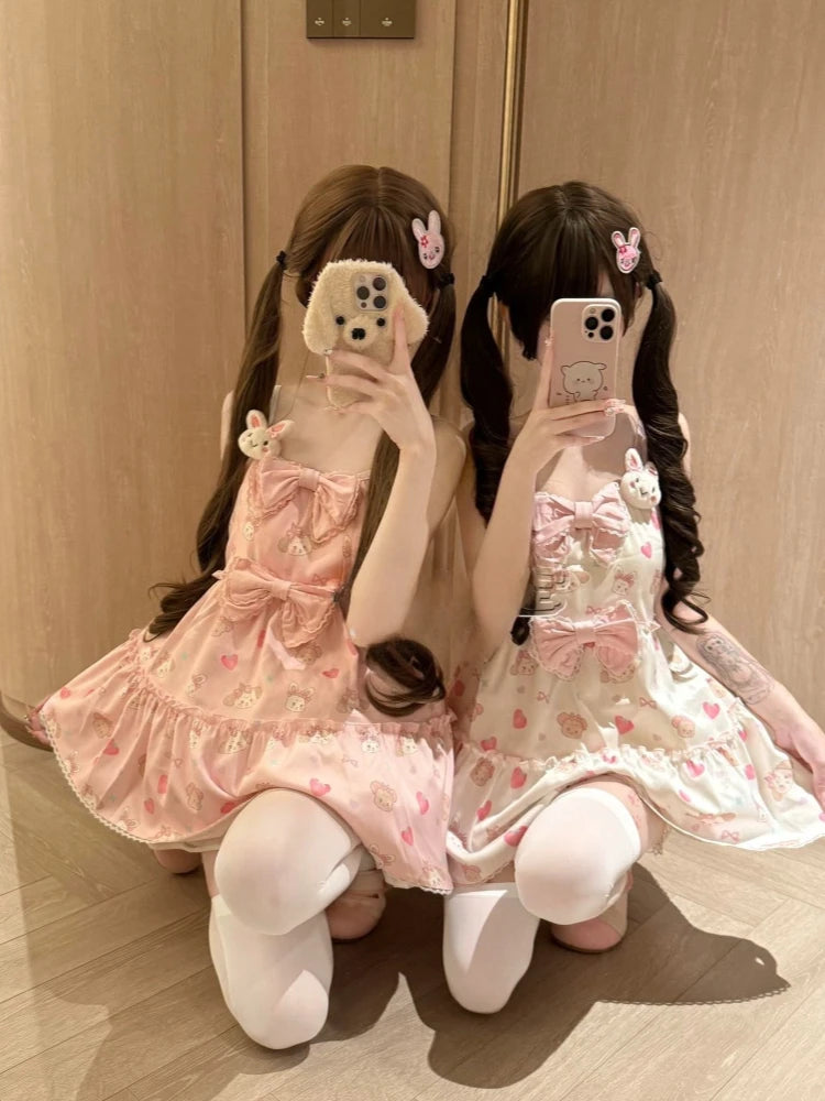 Kawaii Strawberry Print Bow Mini Dress