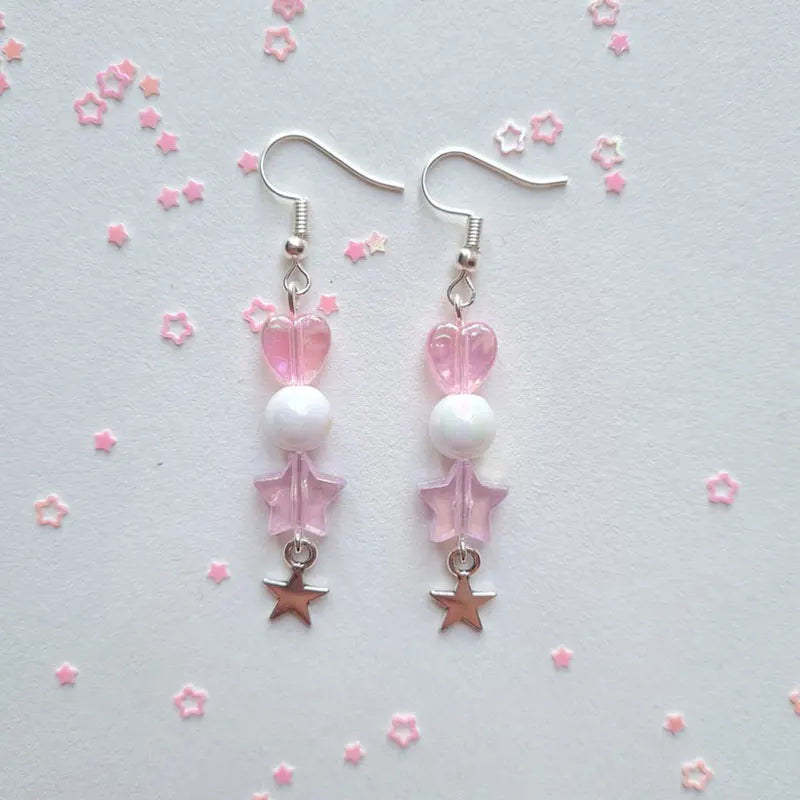 Kawaii Pastel Pink Star Charm Drop Earrings