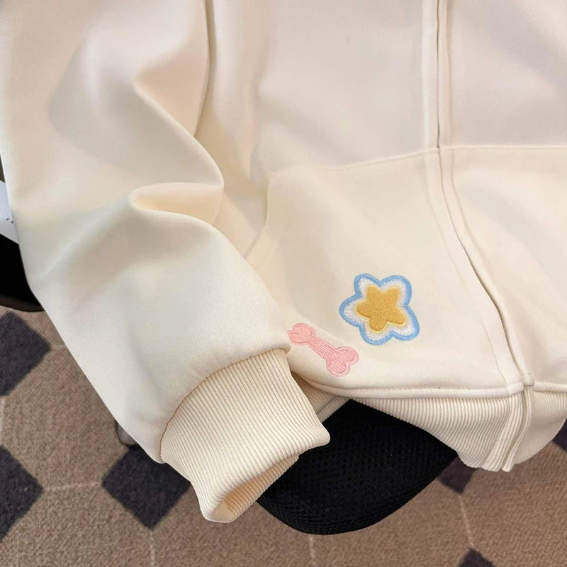Kawaii Women's Cream Plaid Peter Pan Collar Dog Embroidery Zip-Up Sweatshirt