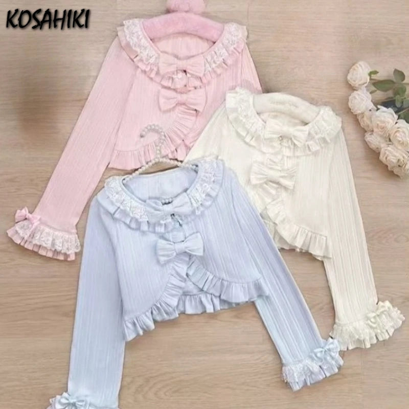 Kawaii Women’s Ruffled Bow Knit Cropped Cardigan